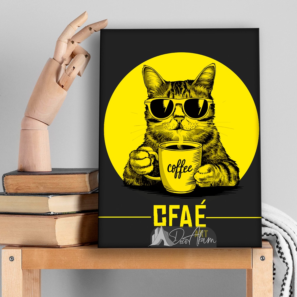 تابلو دکوراتیو طرح گربه قهوه‌نوش (CFAE Art) مناسب دکور کافه مدرن و آشپزخانه – DA-4029