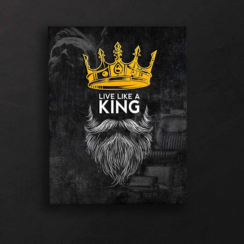 تابلو آرایشگاه مردانه دکوراتیو طرح “Live Like a King” با تاج و ریش