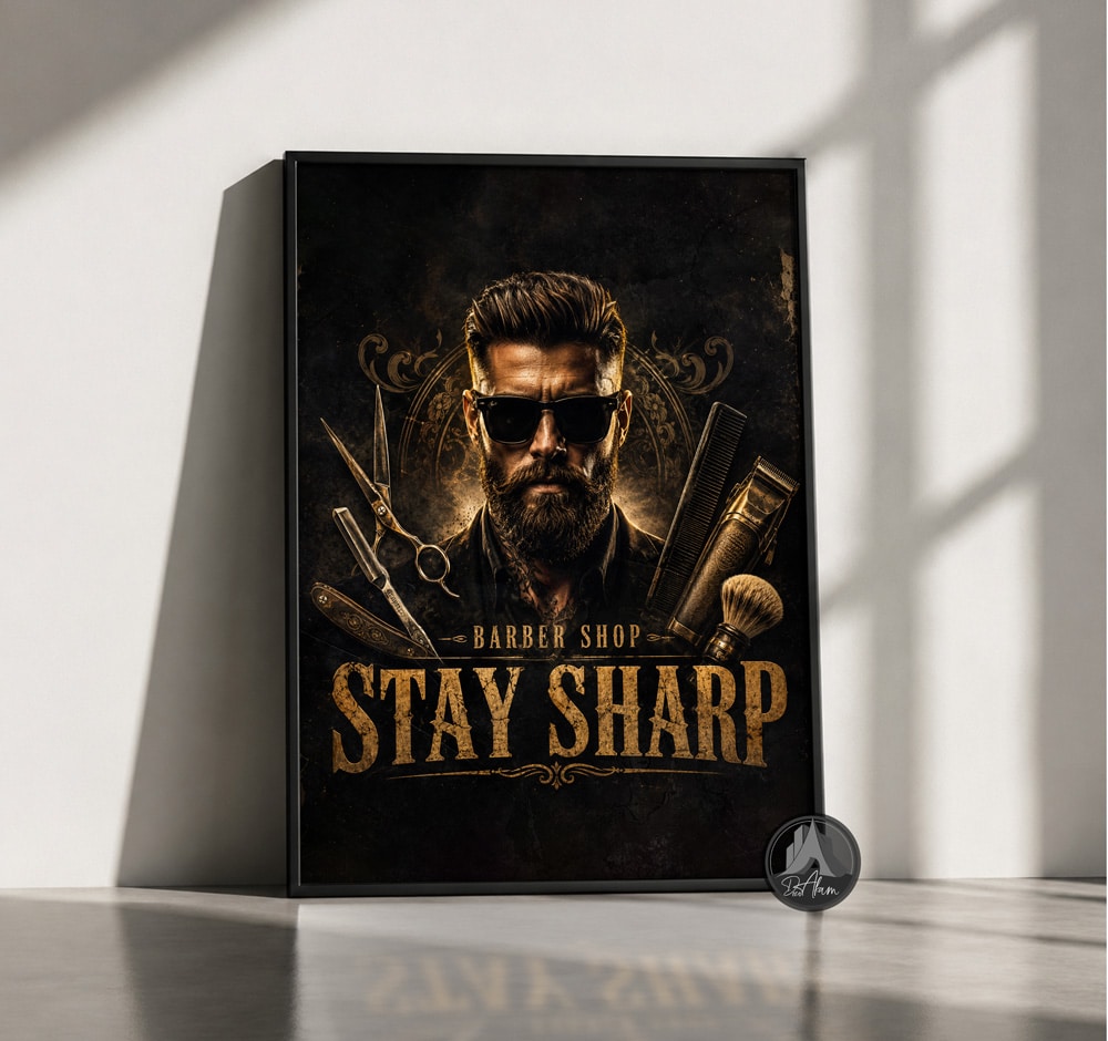 تابلو آرایشگاه مردانه طرح Stay Sharp حرفه‌ای | کد DA-4075 مناسب دکور باربر شاپ