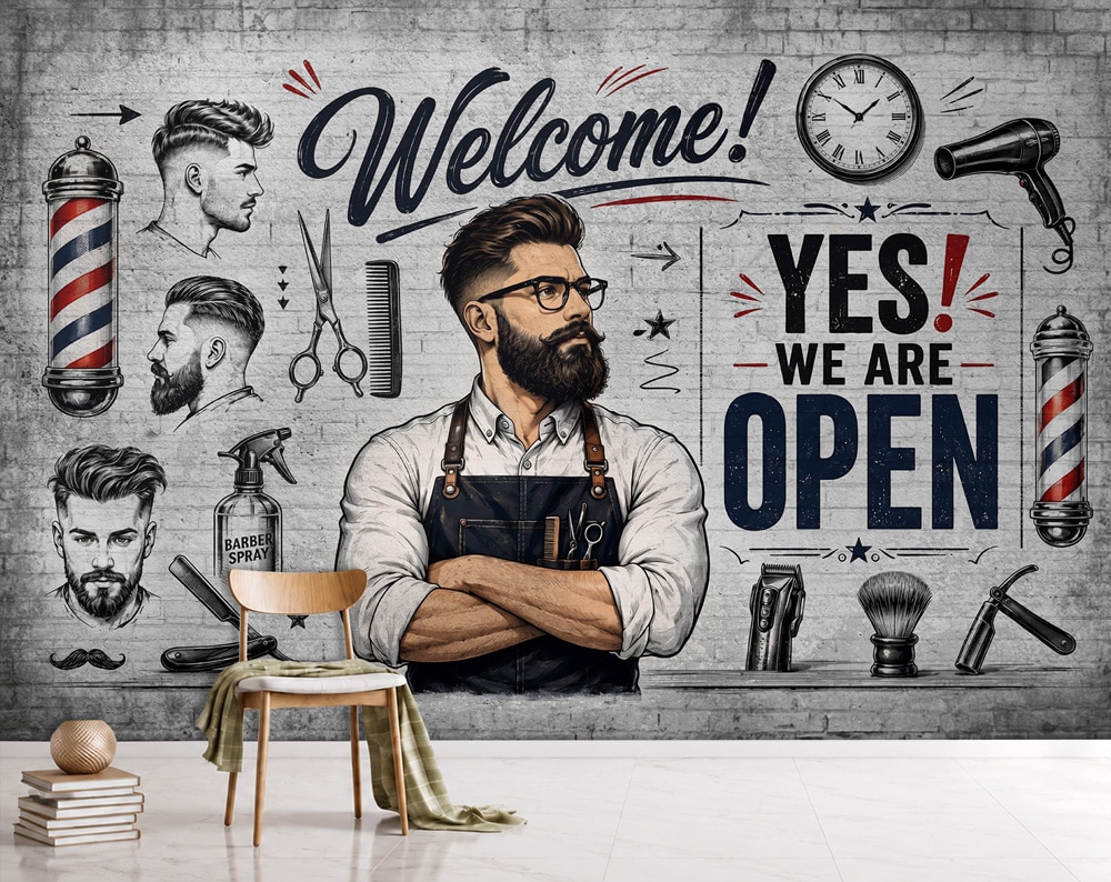 پوستر دیواری آرایشگاه مردانه طرح ولکام کلاسیک | کد DA-4077 مناسب دکور باربر شاپ