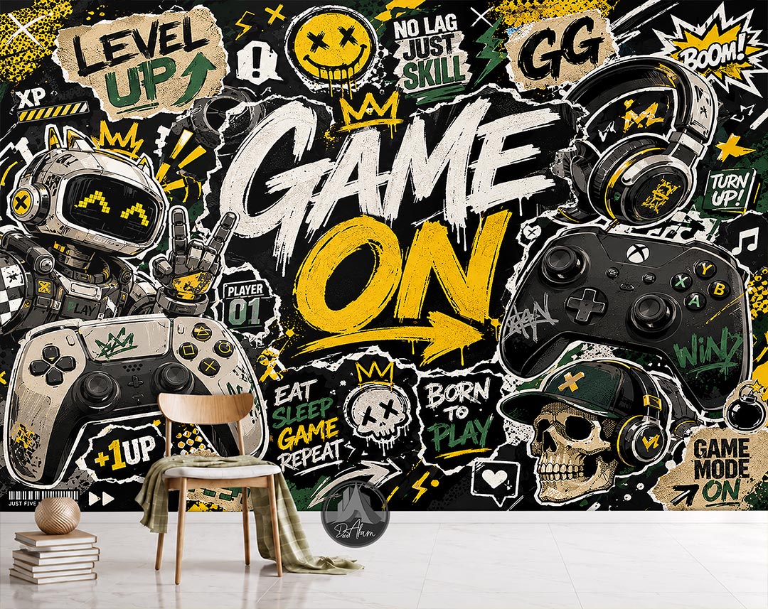 پوستر دیواری گیمینگ طرح Game On کلاژ سیاه و طلایی کد DA-6015 | مناسب اتاق گیمر