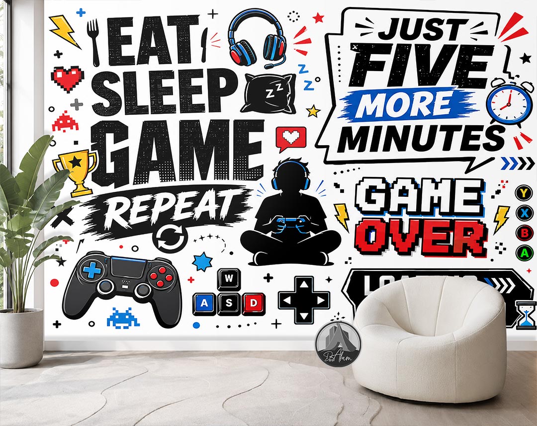 پوستر دیواری گیمینگ طرح تایپوگرافی Eat Sleep Game Repeat کد DA-6018 | مناسب اتاق گیمر
