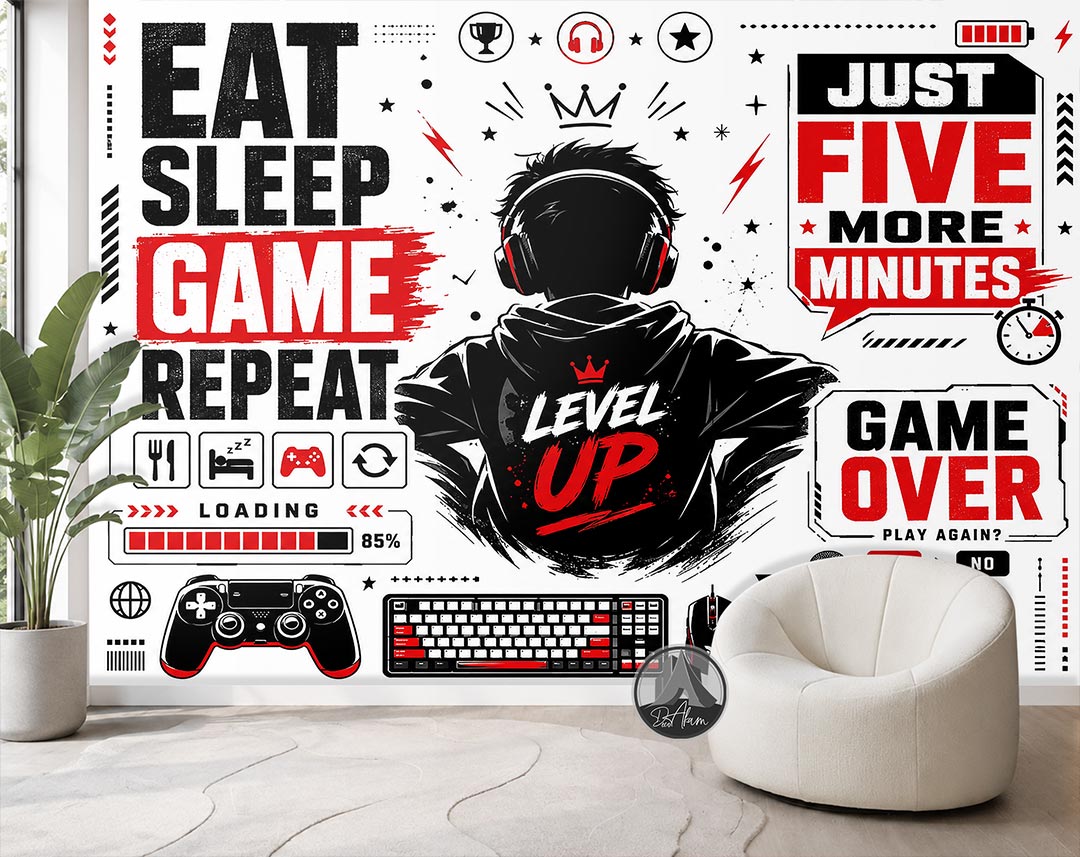 پوستر دیواری گیمینگ طرح Level Up مشکی سفید قرمز کد DA-6026 | مناسب اتاق گیمر