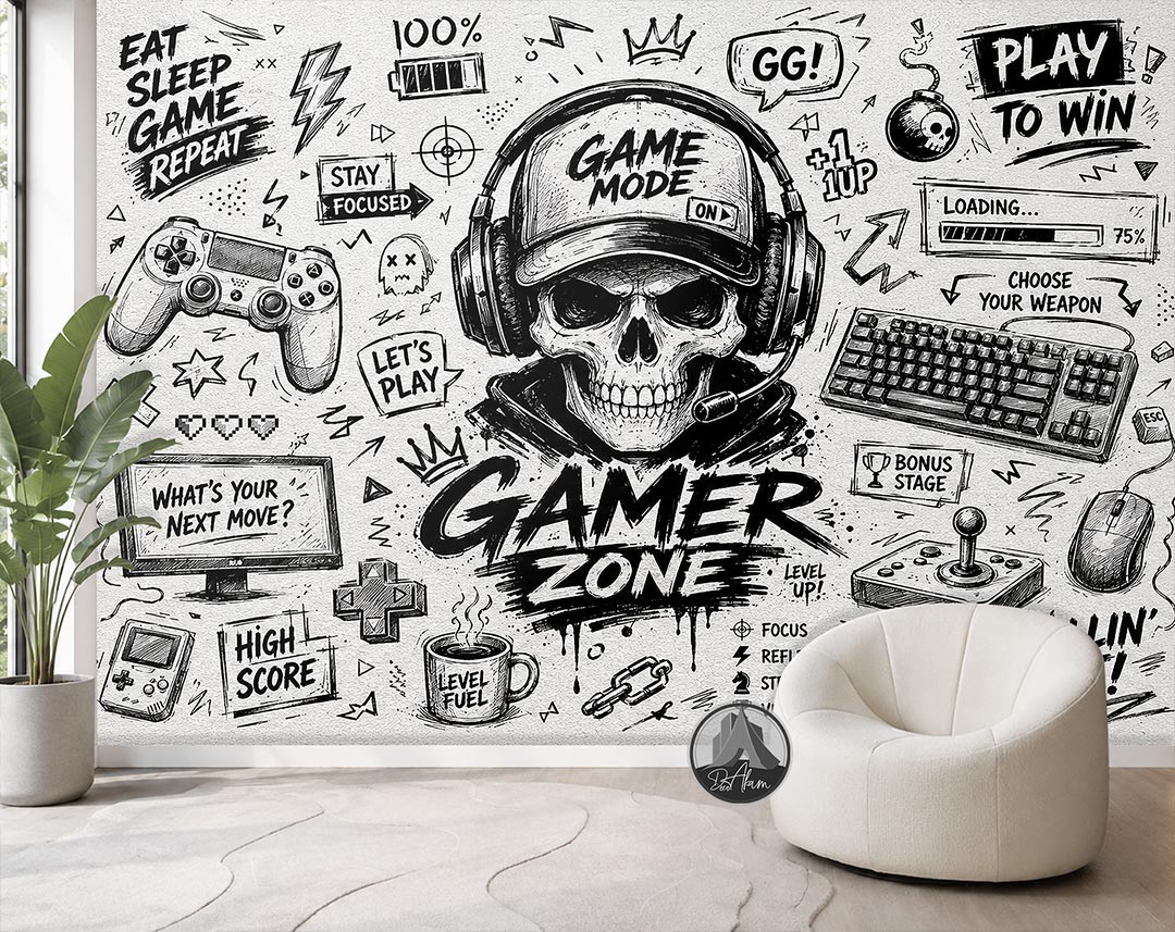 پوستر دیواری گیمینگ طرح Gamer Zone اسکلت سیاه و سفید کد DA-6028 | مناسب اتاق گیمر