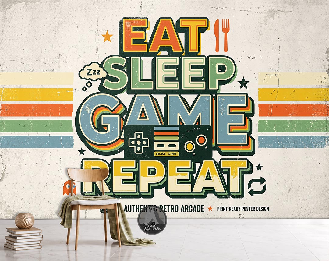 پوستر دیواری گیمینگ طرح Eat Sleep Game Repeat رترو کد DA-6029 | مناسب اتاق گیمر